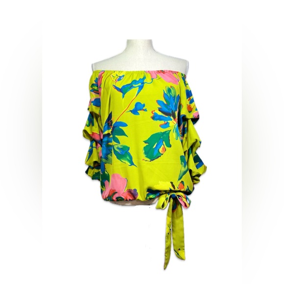 CeCe Tops - CeCe Off Shoulder Floral Blouse Women’s Size M Lime Green, Blue, and Pink